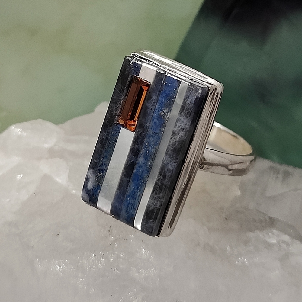 Natural Lapis Lazuli, Pearl & Citrine Ring .925 sz 9 - Picture 8 of 12